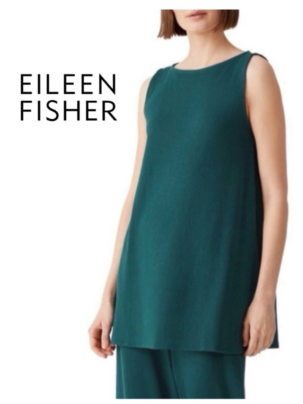 EILEEN FISHER Teal Green Ballet Neck Tunic Ribbed Sleeveless Designer Chic Wmn M